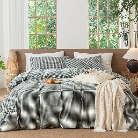 MooMee Gingham Duvet Cover Set 100% Washed Cotton Linen Like Textured Breathable Durable Soft Comfy Modern Checkered Design (Mini Gingham Forest Green, Queen 90"x90")