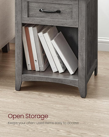 VASAGLE LIRY Collection - Farmhouse Nightstands with Charging Station, Set of 2 Bedside Tables, Side Tables with Drawer, Open Compartment, for Bedroom, Misty Gray ULET859G01