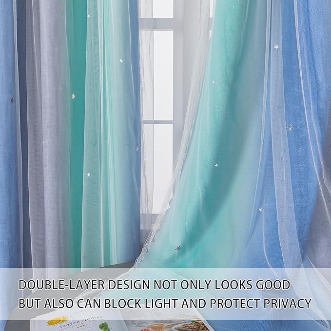 XiDi Dream Star Blackout Curtains for Kids Rooms Girl Princess Curtain for Daughter Bedroom Window (Blue Green Grey, W52 X L72)