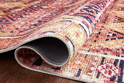 Loloi Layla Collection LAY-15 Magenta/Multi 5'-0" x 7'-6" .13" Thick Area Rug, Soft, Durable, Vintage Inspired, Distressed, Low Pile, Non-Shedding, Easy Clean, Printed, Living Room Rug