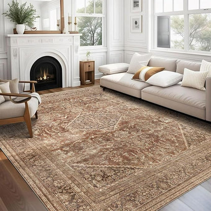 vivorug 5x7 Area Rugs - Ultra-Thin Washable Rug with Non-Slip Backing, Ideal for Living Room, Bedroom, Kitchen Floor Carpet - Vintage, Easy Clean, Durable, Earth Tone