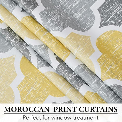 Beauoop 100% Blackout Curtains 63 Inches Long 2 Panels for Bedroom Living Room Yellow Grey Moroccan Geo Room Darkening Thermal Insulated Soundproof Grommet Top Window Treatments Drapes, 50x63 Set of 2