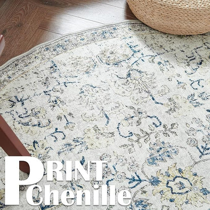 jinchan Kalen Round Rug 4ft Area Rug Washable Vintage Indoor Retro Accent Entryway Floor Cover Distressed Floral 4' Round Circle Boho Non Slip Thin Carpet for Bedroom Living Room Dining Room Blue