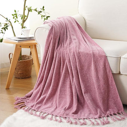 BATTILO HOME Chenille Throw Blanket for Couch, Soft Cozy Throw Blanket with Fringe Tassels, Lightweight Knitted Throw for Spring Summer, Pink, 50"x60"