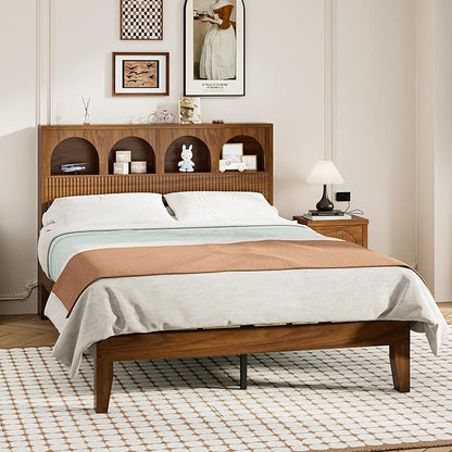 Full Bed Frame with Wave Headboard, Storage Headboard with 4 Arched Storage Compartments, Farmhouse Wooden Full Bed Frame, No Box Spring Needed, No Noise (Full-Walnut)
