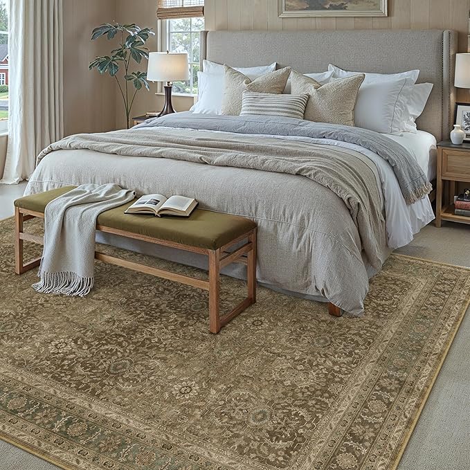Brown 5x7 Area Rug Washable Vintage Carpet for Living Room Office Soft Retro Floral Low Pile Thin Indoor Rug Non Slip Traditional Distressed Floor Cover for Bedroom Dining Room