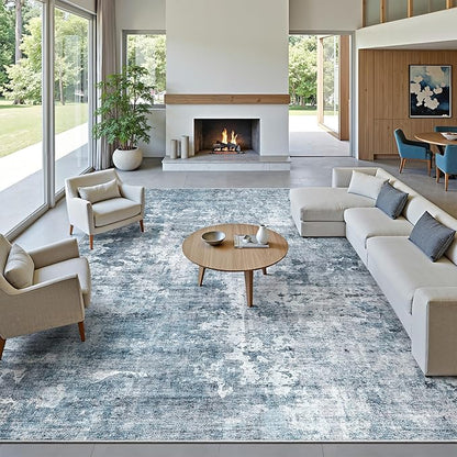 10x14 Area Rugs for Living Room, Non Slip Machine Washable Vintage Rugs, Low Pile Lightweight Large Rug for Bedroom, Dining Room, Home Office Blue