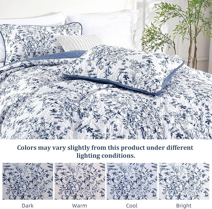 WONGS BEDDING Quilt Full Size, Blue Quilt Bedding Set with 2 Pillowcases, Botanical Quilt for Full Bed, Soft Microfiber Lightweight Coverlet Bedspread for All Season (78"×90", 3 Pieces)