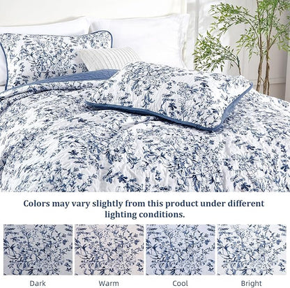 WONGS BEDDING Quilt Full Size, Blue Quilt Bedding Set with 2 Pillowcases, Botanical Quilt for Full Bed, Soft Microfiber Lightweight Coverlet Bedspread for All Season (78"×90", 3 Pieces)