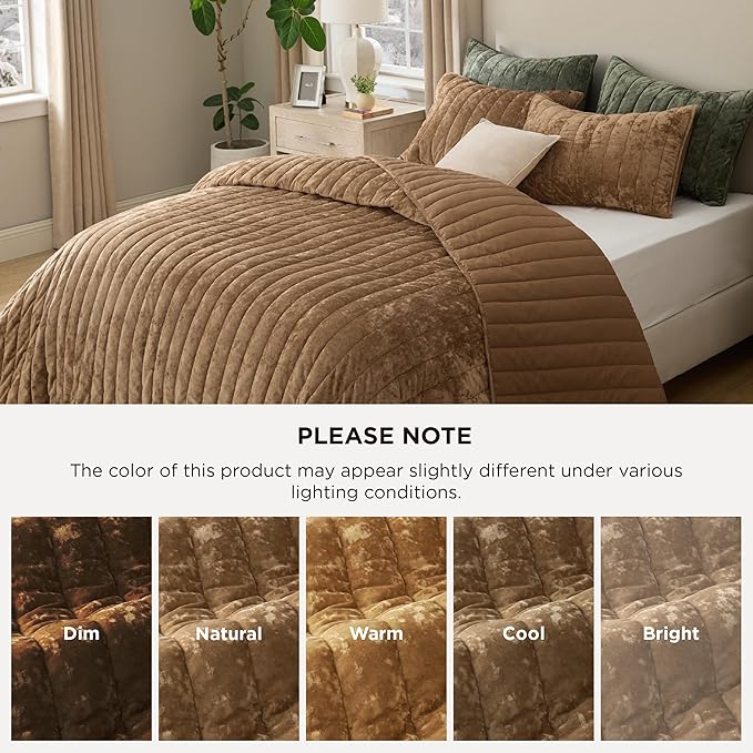 Bedsure Velvet Quilt Queen Size Set - Lightweight Velvet Comforter Queen, Luxury Bedspread Coverlet, Ultra-Soft Winter Bedding Set with 2 Pillow Shams, 90"x96", Caramel Gold