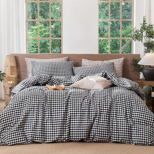 MooMee Gingham Duvet Cover Set 100% Washed Cotton Linen Like Textured Breathable Durable Soft Comfy Modern Checkered Design (Black White Gingham, Super King 108"x98")