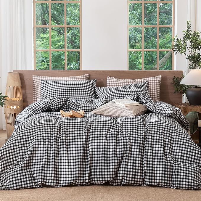 MooMee Gingham Duvet Cover Set 100% Washed Cotton Linen Like Textured Breathable Durable Soft Comfy Modern Checkered Design (Black White Gingham, King 104"x90")