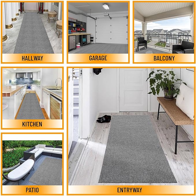 Ottomanson 3'11" x 31' Hallway Runner with Scraper Pile - Extra Durable Non-Slip Rug Mat for Indoor & Outdoor Use - Ideal for Kitchen, Entryway & Garage - High-Traffic Carpet, Gray