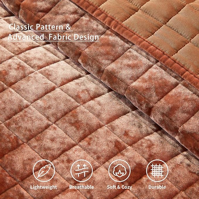 LEAONME Velvet Quilt Full/Queen Size-90''x98'', Lightweight Burnt Orange Velvet Comforter Set with 2 Pillow Shams, Soft Bedspread Coverlet Quilted Bedding Set for All Season