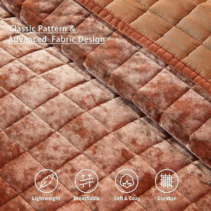 LEAONME Velvet Quilt Full/Queen Size-90''x98'', Lightweight Burnt Orange Velvet Comforter Set with 2 Pillow Shams, Soft Bedspread Coverlet Quilted Bedding Set for All Season