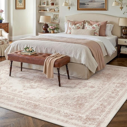 Washable Rug 6x9 Area Rug for Living Room Pink Vintage Boho Medallion Large Distressed Retro Carpet Non Slip Indoor Low Pile Small Soft Bedroom Dining Room Home Office