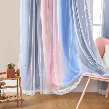 XiDi Curtains for Bedroom Decor, Rainbow PinkGreyBlue-52-45