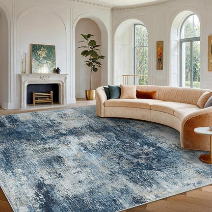 AMADA HOMEFURNISHING 8x10 Area Rugs for Living Room, Modern Washable Rug with Non-Slip Backing & Low Pile, Large Rug with Abstract Pattern for Bedroom, Dinning Room, Home Office, Navy Blue