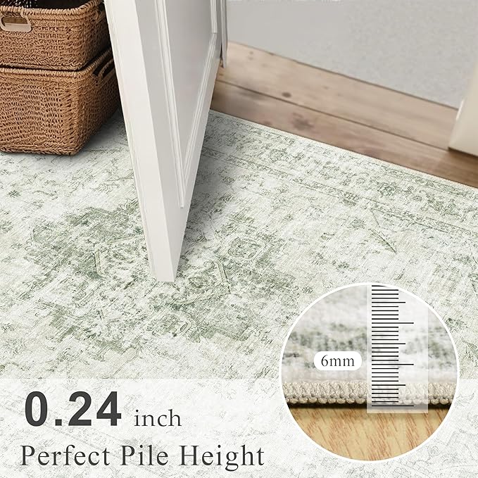 2x6 Hallway Washable Runner Rug Vintage Non-Slip Soft Kitchen Mat Boho Medallion Distressed Farmhouse Carpet Floral Low Pile Indoor Throw Rug for Entryway Bathroom Living Room Bedroom, Green