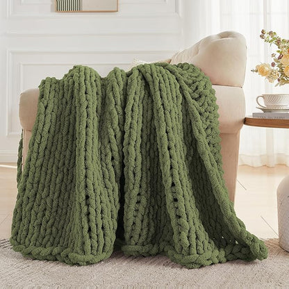 Carriediosa Chunky Knit Throw Blanket 50" X 60", 100% Hand Made Large Chenille Loop Yarn Soft Fluffy Throws for Couch Sofa Bed, Big Crochet Cozy Heavy Thick Cable Woven Blankets, Olive Green