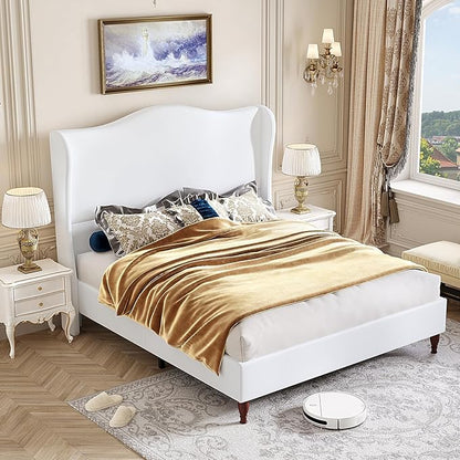 koorlian Full Size Bed Frame with 51" Tall Headboard, Fully Upholstered Platform Bed Frame with with Soft Fabric, Sleigh Wingback, Solid Wood Retro Legs, Modern Minimalist Style, Easy Assembly, White