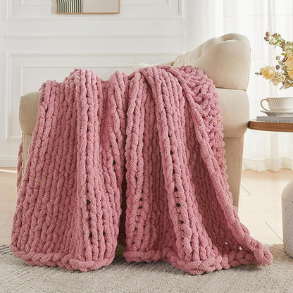 Carriediosa Chunky Knit Throw Blanket 60" X 80" Twin, 100% Hand Made Large Chenille Loop Yarn Soft Fluffy Throws for Couch Sofa Bed, Big Crochet Cozy Heavy Thick Cable Woven Blanket, Mauve