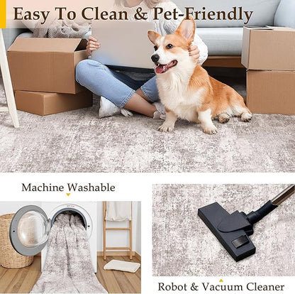 Washable Beige Area Rug 5x7 Modern Abstract Living Room Carpet Neutral Soft Bedroom Throw Rug Low Pile Non Slip Floor Cover for Office Laundry Dining Room Kitchen Bathroom