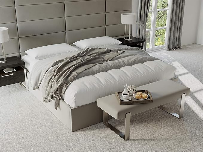 VANT Upholstered Bed Bench - Weave Steel - Brushed Nickel - Contemporary Modern, Bedroom Bench Seat, Hallway, or Entryway
