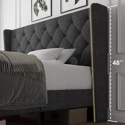 iPormis Queen Size Platform Bed Frame with Button Tufted Headboard, Upholstered Bed Frame with Solid Wooden Slats, 8" Underbed Space, No Box Spring Needed, Noise Free, Easy Assembly, Dark Gray