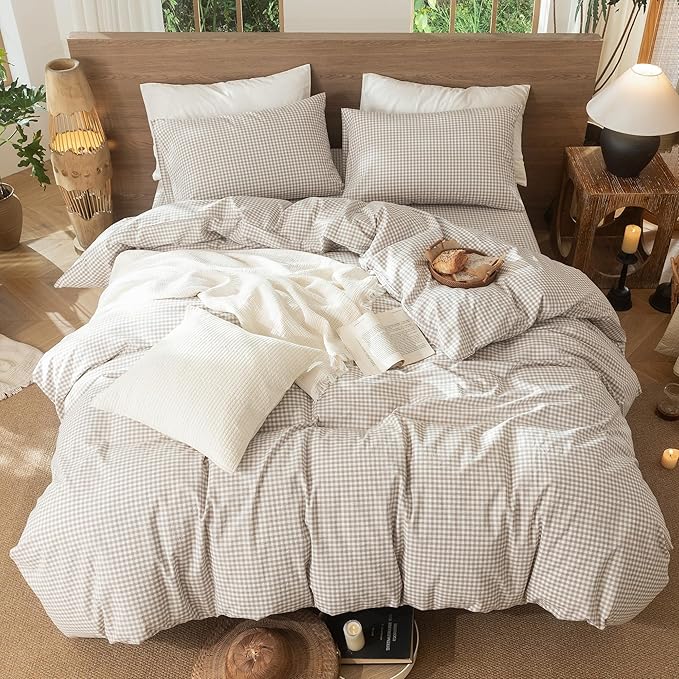 MooMee Gingham Duvet Cover Set 100% Washed Cotton Linen Like Textured Breathable Durable Soft Comfy Modern Checkered Design (Mini Gingham Tannish Linen Grey, Queen 90"x90")