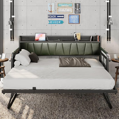 LIKIMIO Daybed with Trundle Bed, Twin Bed Frame with Storage Headboard and Charging Station, Sofa Day Bed with Strong Supports for Living Room, Bedroom, and Guest Room, Dark Green