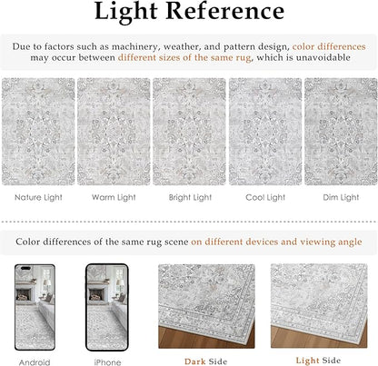 Grey 2x8 Runner Rug Washable Vintage Long Carpet for Hallway Kitchen Soft Retro Floral Low Pile Indoor Runner Non Slip Central Medallion Throw Rug for Bathroom Bedroom Laundry Dining Room