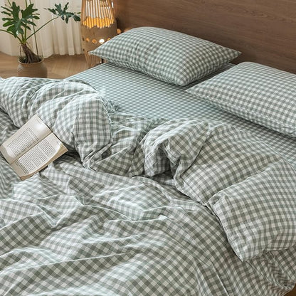MooMee Gingham Duvet Cover Set 100% Washed Cotton Linen Like Textured Breathable Durable Soft Comfy Modern Checkered Design (Sage Green Gingham, Super King 108"x98")