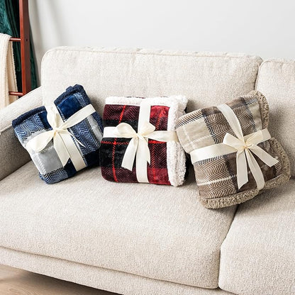 PAVILIA Taupe Plaid Sherpa Throw Blanket for Couch Twins, Soft Fuzzy Cabin Blanket and Throws, Warm Cozy Winter Gift Blanket, 60x80