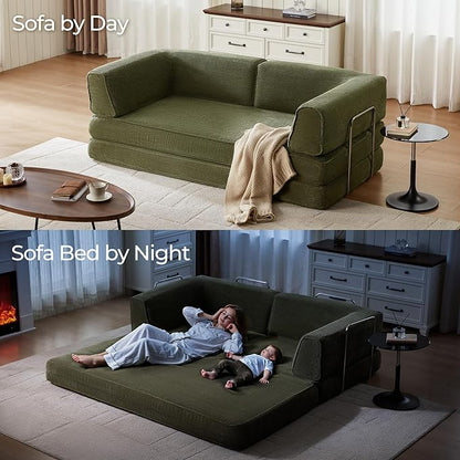 LINSY HOME 79'' Convertible Sofa Bed - Boneless Compression Sofa Folding Loveseat Sleeper - Foldable Corduroy Couch Bed for Living Room Bedroom - Modular Sectional Compressed Sofa in Box, Green