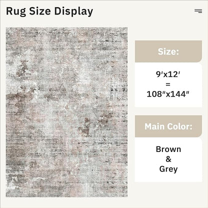 9x12 Area Rugs for Living Room, Non Slip Machine Washable Vintage Rugs, Low Pile Lightweight Large Rug for Bedroom, Dining Room, Home Office Grey Pink