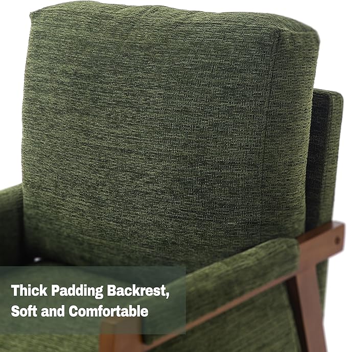 Green Accent Chair for Bedroom & Living Room, Mid Century Modern Accent Arm Chair, Upholstered Anthropologie Accent Chair with Solid Wood Frame, Fabric