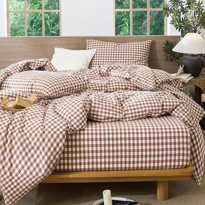 MooMee Gingham Duvet Cover Set 100% Washed Cotton Linen Like Textured Breathable Durable Soft Comfy Modern Checkered Design (Dark Orange Gingham, Oversized Queen 98"x98")