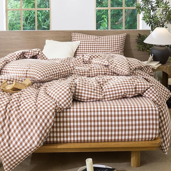 MooMee Gingham Duvet Cover Set 100% Washed Cotton Linen Like Textured Breathable Durable Soft Comfy Modern Checkered Design (Dark Orange Gingham, King 104"x90")
