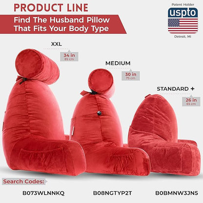 Husband Pillow Medium Red, Backrest for Kids, Teens, Petite Adults - Reading Pillows with Arms, Adjustable Loft, Plush Memory Foam, Bed Rest Chair for Sitting Up, Detach Neck Roll, Removable Cover
