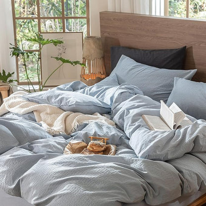 MooMee Wavy Striped Duvet Cover Set 100% Washed Cotton Linen Like Textured Breathable Durable Soft Comfy (Cornflower Blue, Palatial King/Oversized King 120"x98")