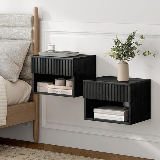 Floating Nightstands Set of 2 with Drawer and Open Shelf, Small Wall Mounted Bedside End Table, Modern Fluted Night Stand for Bedroom, Living Room, Black