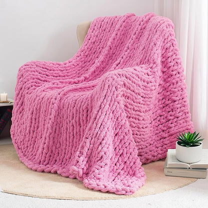 Chunky Knit Throw Blanket 50"X 60", 100% Handmade with Soft Chenille Yarn, 4.4lbs Thick Cable Knitted Blankets, Large Rope Knot Crochet Throws for Couch Sofa Bed Home Decor, Hot Pink