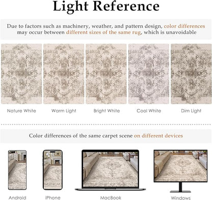 Area Rug 6x9 Beige Washable Living Room Carpet Non Slip Vintage Medallion Indoor Bedroom Carpet Low Pile Soft Retro Distressed Large Rug Home Office Dining Room Playroom