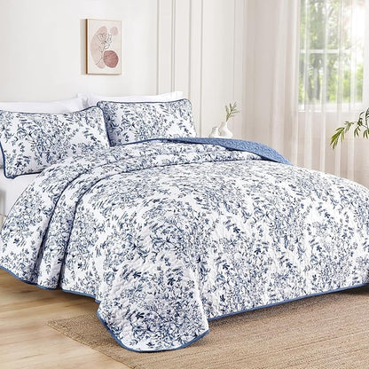 WONGS BEDDING Quilt Queen Size, Blue Quilt Bedding Set with 2 Pillowcases, Botanical Quilts for Queen Bed, Soft Microfiber Lightweight Coverlet Bedspread for All Season (96"×90", 3 Pieces)