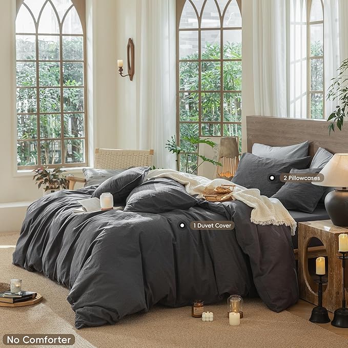 MooMee Wavy Striped Duvet Cover Set 100% Washed Cotton Linen Like Textured Breathable Durable Soft Comfy (Charocal Grey, Super King 108"x98")