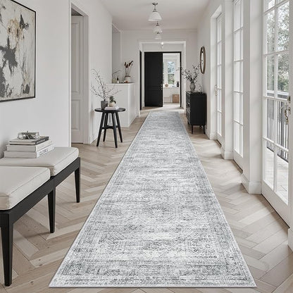 Runner Rug 2'6" x 14' Washable Non-Slip Runner Rugs for Kitchen Bathroom Laundry Room Vintage Ultra Thin Runners for Hallway Entryway Grey