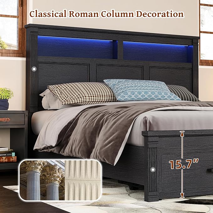 53" Tall Queen Bed Frame with Headboard and Storage, 2 Drawers and LED Built in Charging Station Bed Frame Queen Size with Farmhouse Roman Column Decoration,No Box Spring Needed (Black)