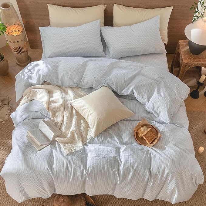 MooMee Striped Duvet Cover Set 100% Washed Cotton Linen Like Textured Breathable Durable Soft Comfy (Cornflower Blue White Pinstripes, Cal King 104"x98")