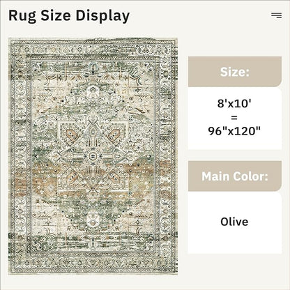 Washable Area Rug 8x10, Large Soft Rugs for Living Room Farmhouse Vintage Area Rugs for Bedroom Dining Room Non-Slip Stain Resistant Under Table Rug Olive Beige